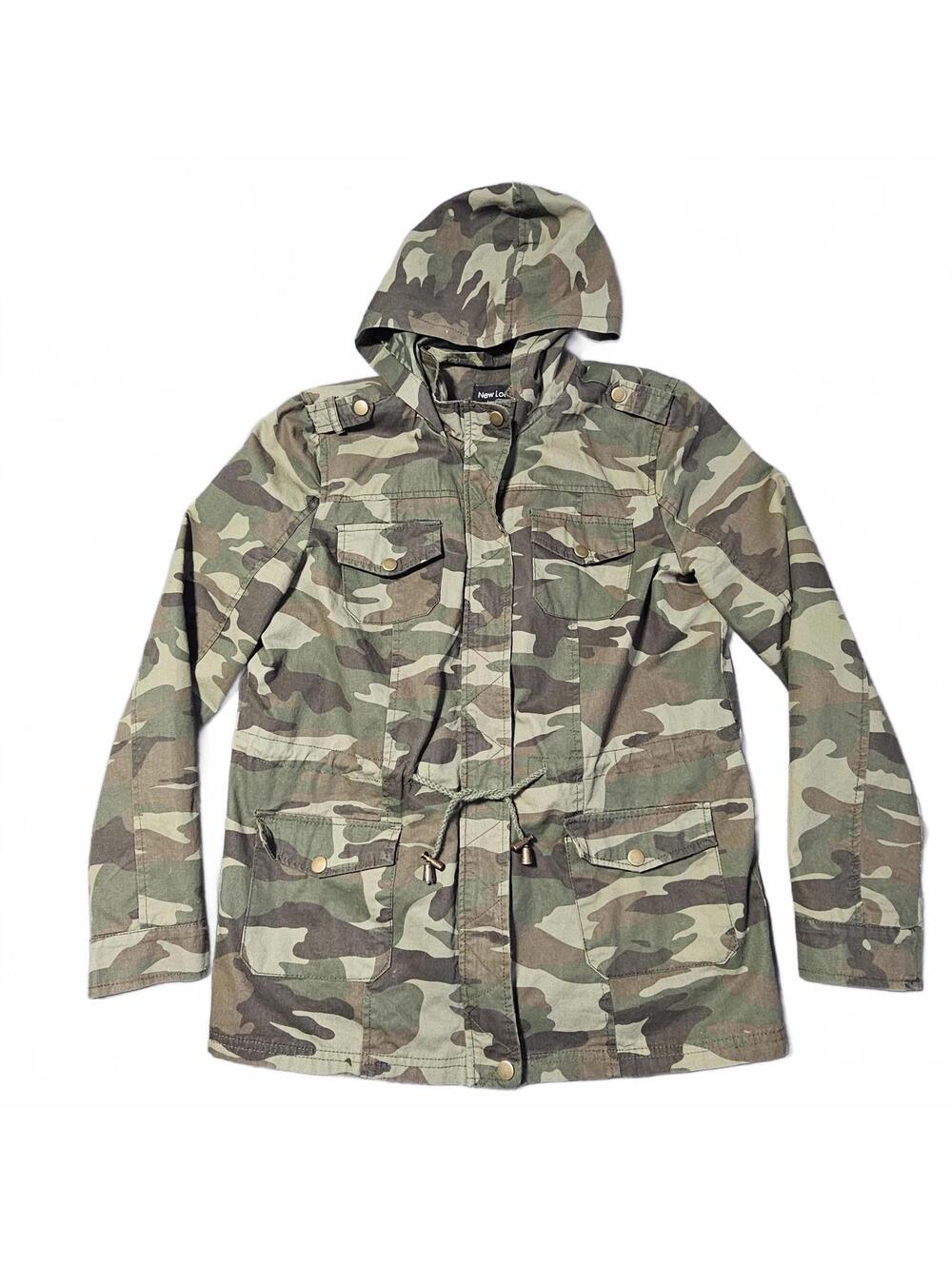 New Look Women M Camo Y2K Style Long Sleeve Mid-Length Jacket Hooded Cinch Waist